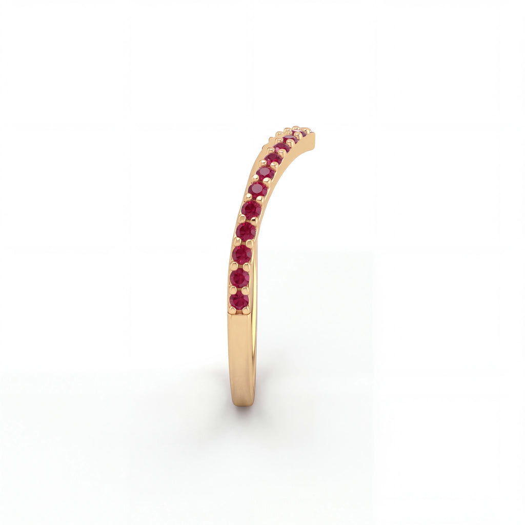 Lab-grown ruby wishbone pavé ring in 14K yellow gold, side profile showing the V shape and stone row — Black Pearl of Queens