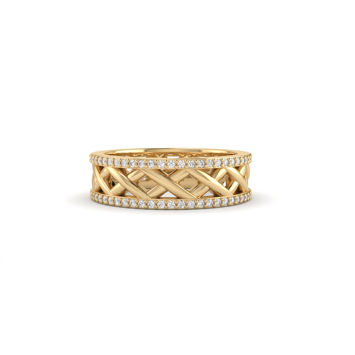 6mm open lattice wedding band in 14K yellow gold edged with two rows of Lab-Grown Diamonds