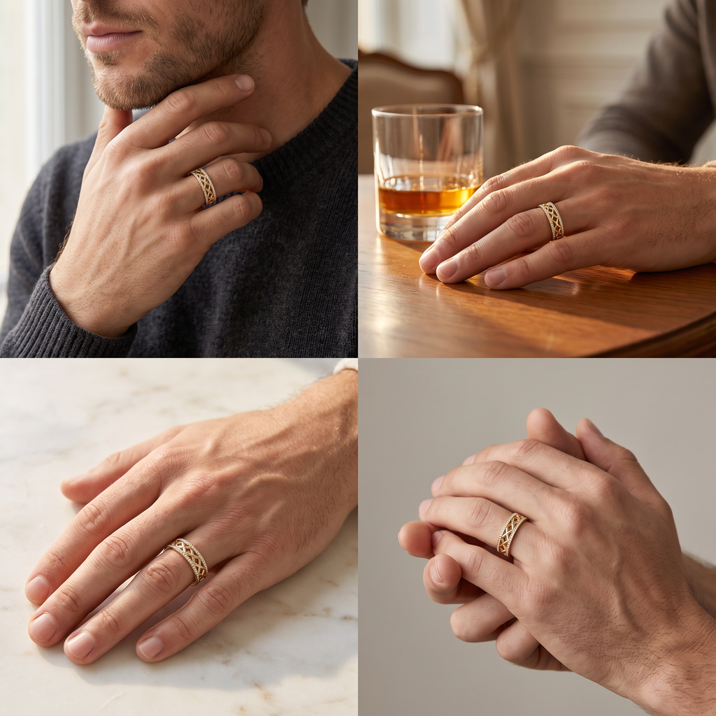 Men's rose gold lattice Lab-Grown Diamond wedding band worn in four everyday settings