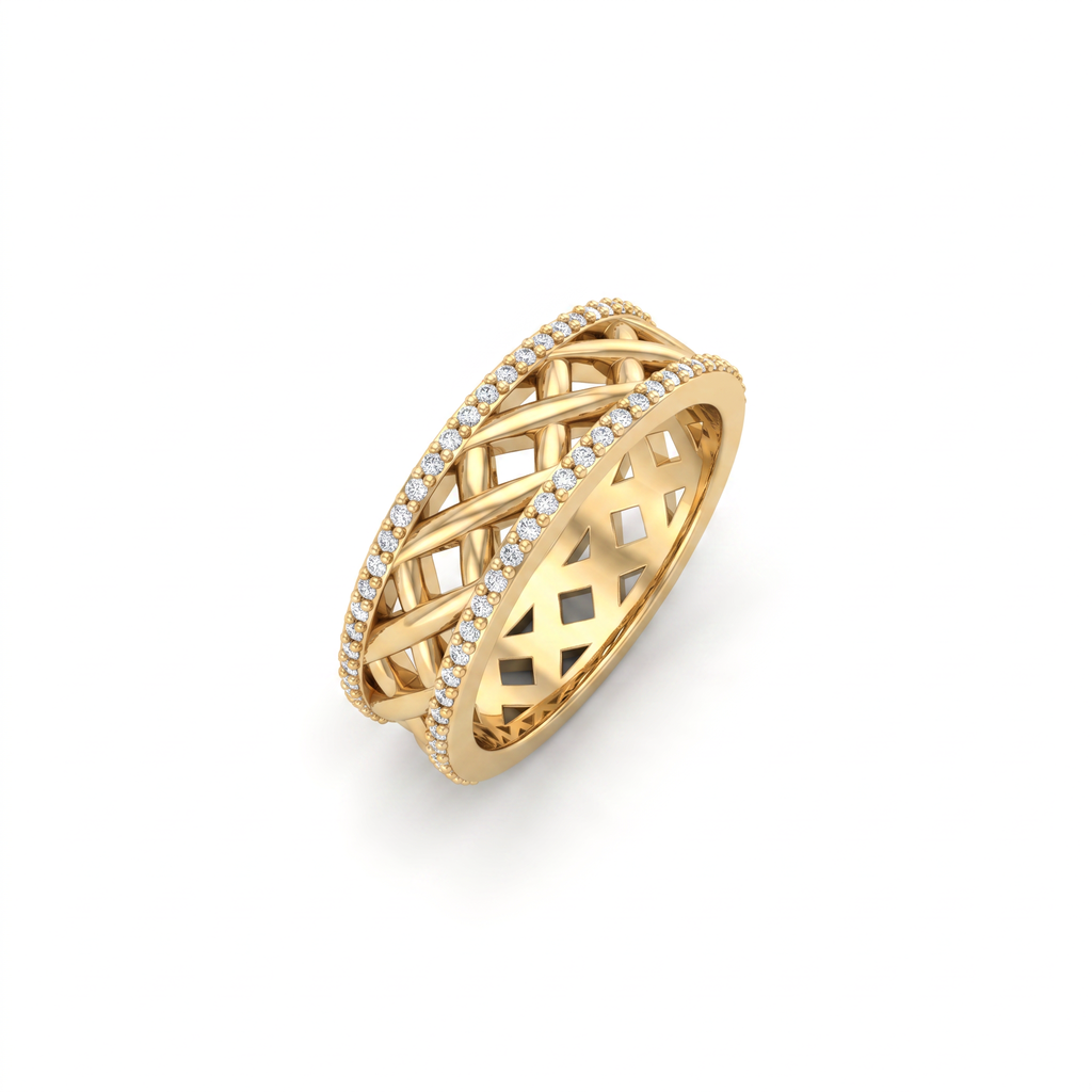 Angled view of a 6mm lattice wedding band showing the open gold interior and Lab-Grown Diamond edges