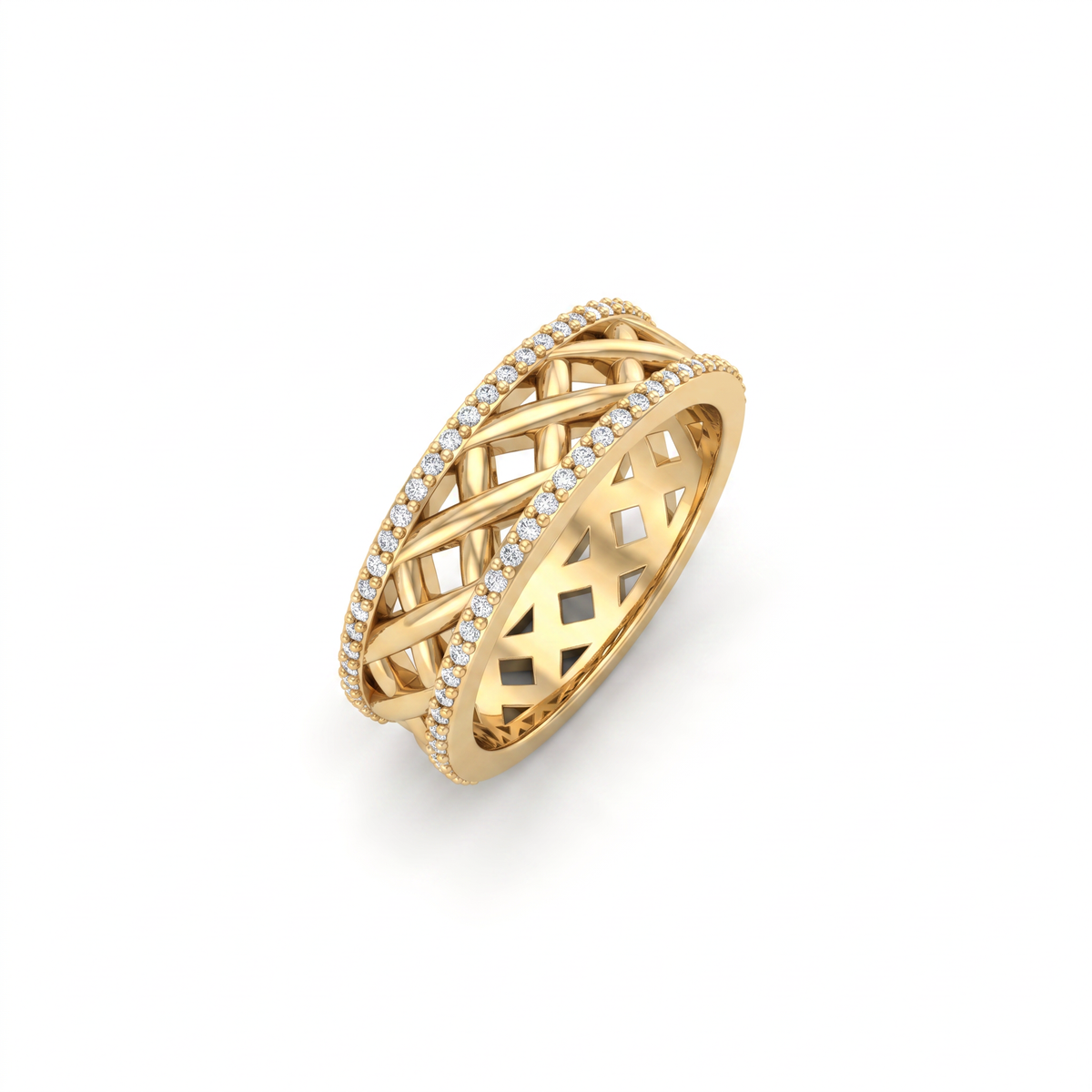 Angled view of a 6mm lattice wedding band showing the open gold interior and Lab-Grown Diamond edges