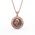 Leo zodiac medallion necklace in solid 14k rose gold with diamond accent