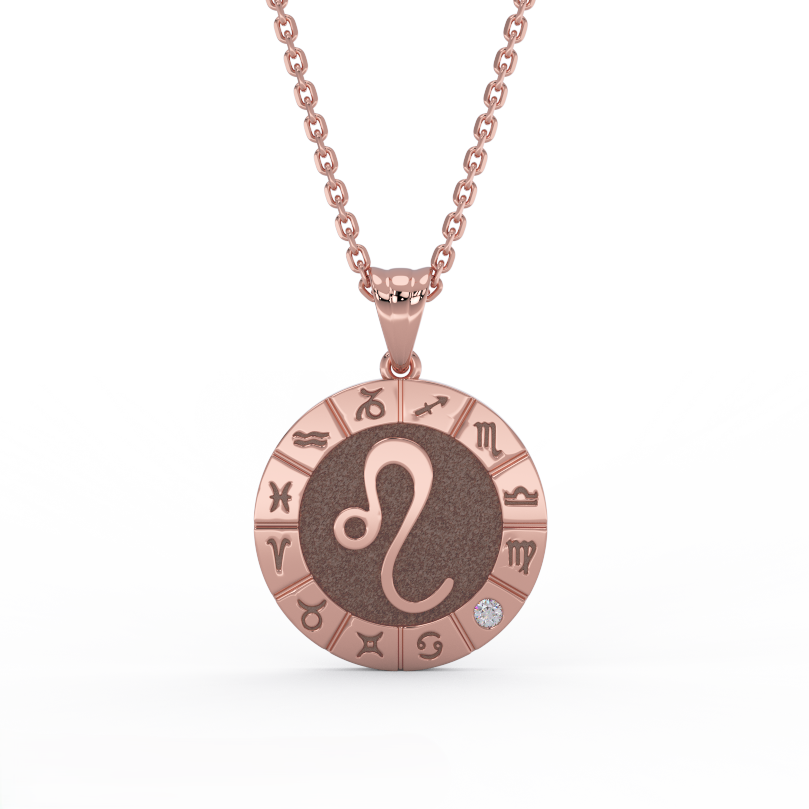Leo zodiac medallion necklace in solid 14k rose gold with diamond accent