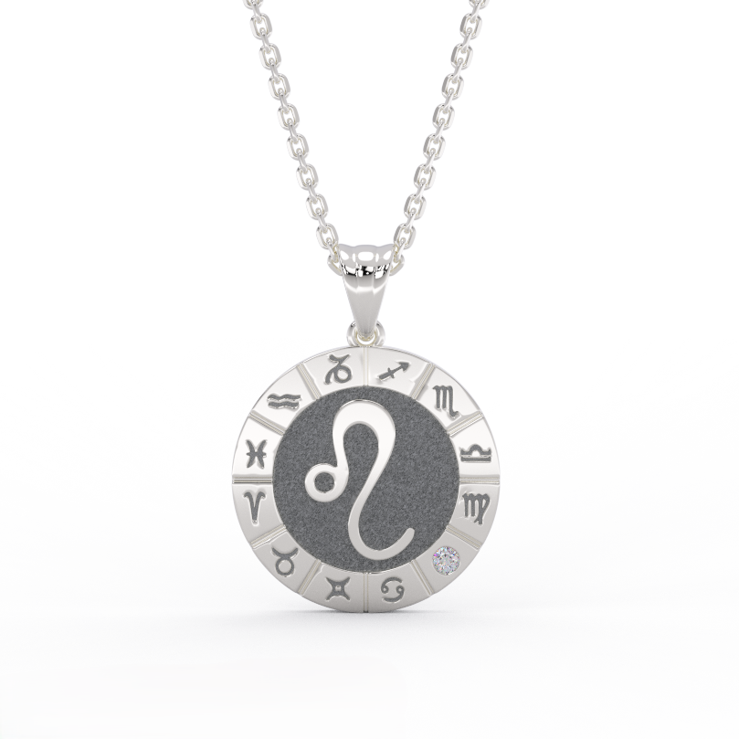 Leo zodiac medallion necklace in solid 14k white gold with diamond accent