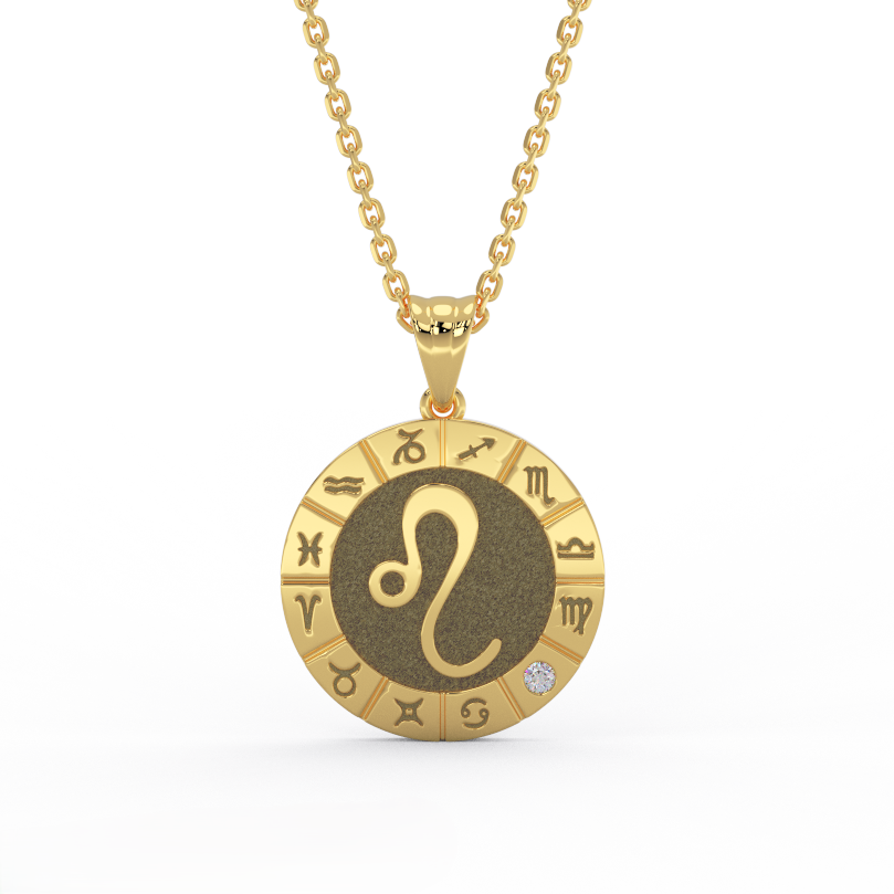 Leo zodiac medallion necklace in solid 14k yellow gold with diamond accent