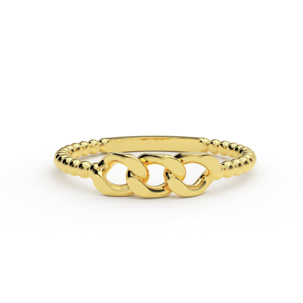 Link Bead Ring handmade in New York — solid 14K gold minimal chain ring with smooth beaded band by Black Pearl of Queens.