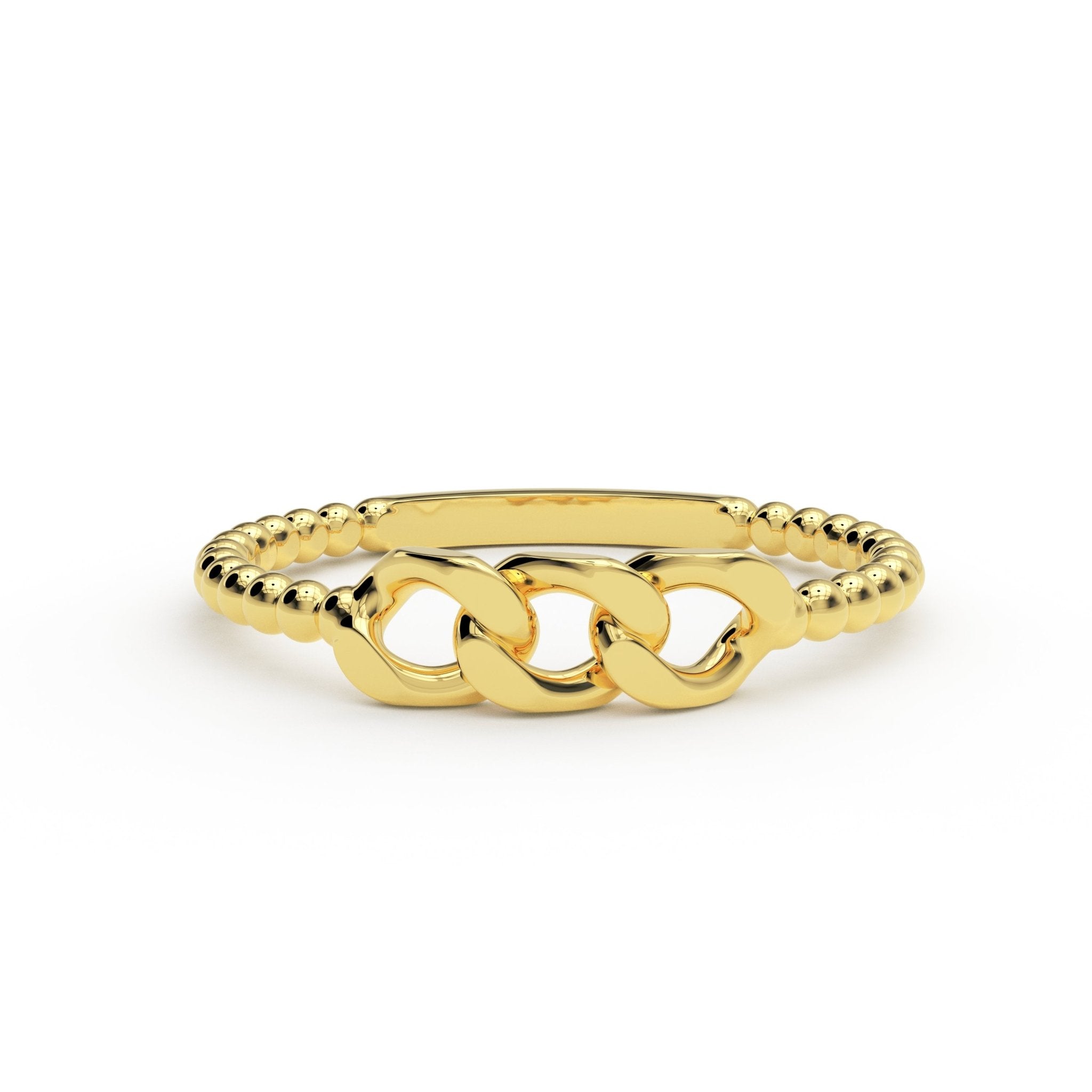 Link Bead Ring handmade in New York — solid 14K gold minimal chain ring with smooth beaded band by Black Pearl of Queens.