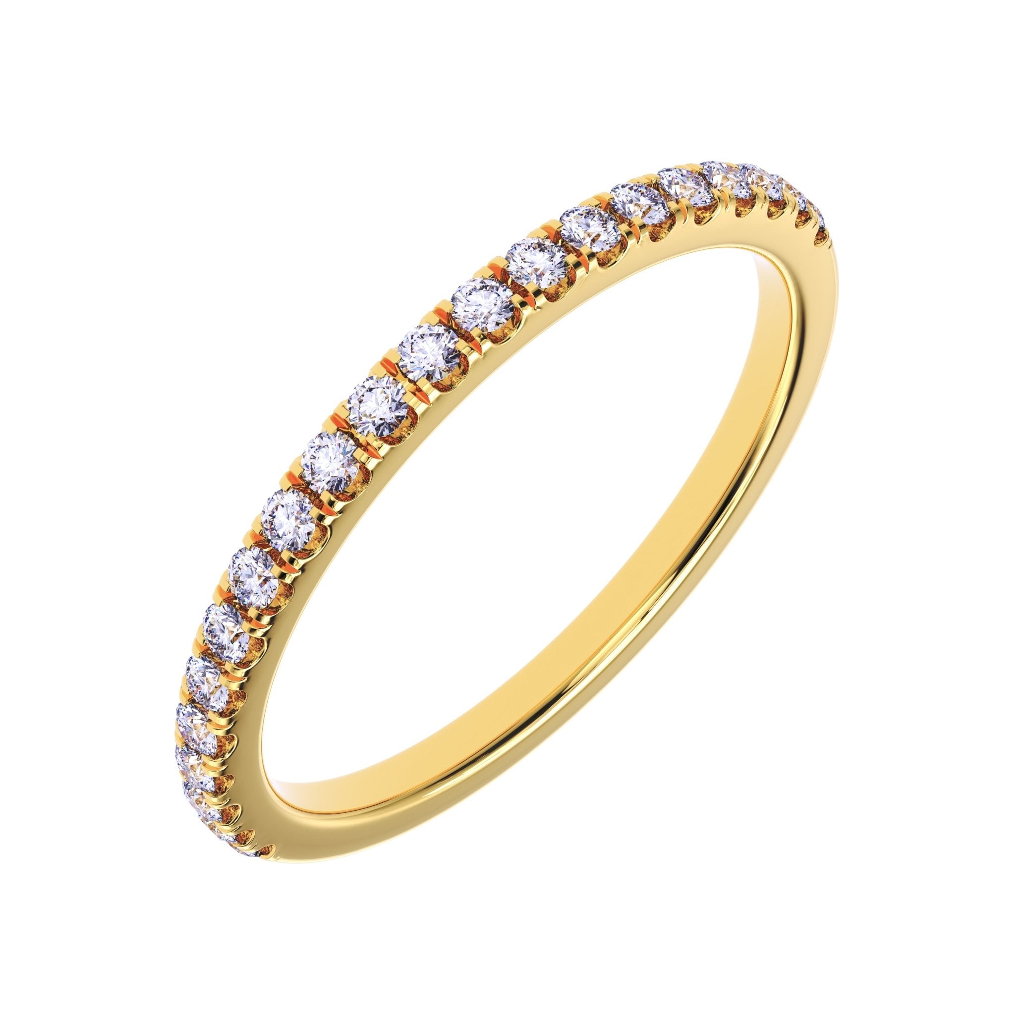 Little Neck Half Eternity Band – delicate 14K gold 1.5mm women’s wedding band with 21 round diamonds, angled view