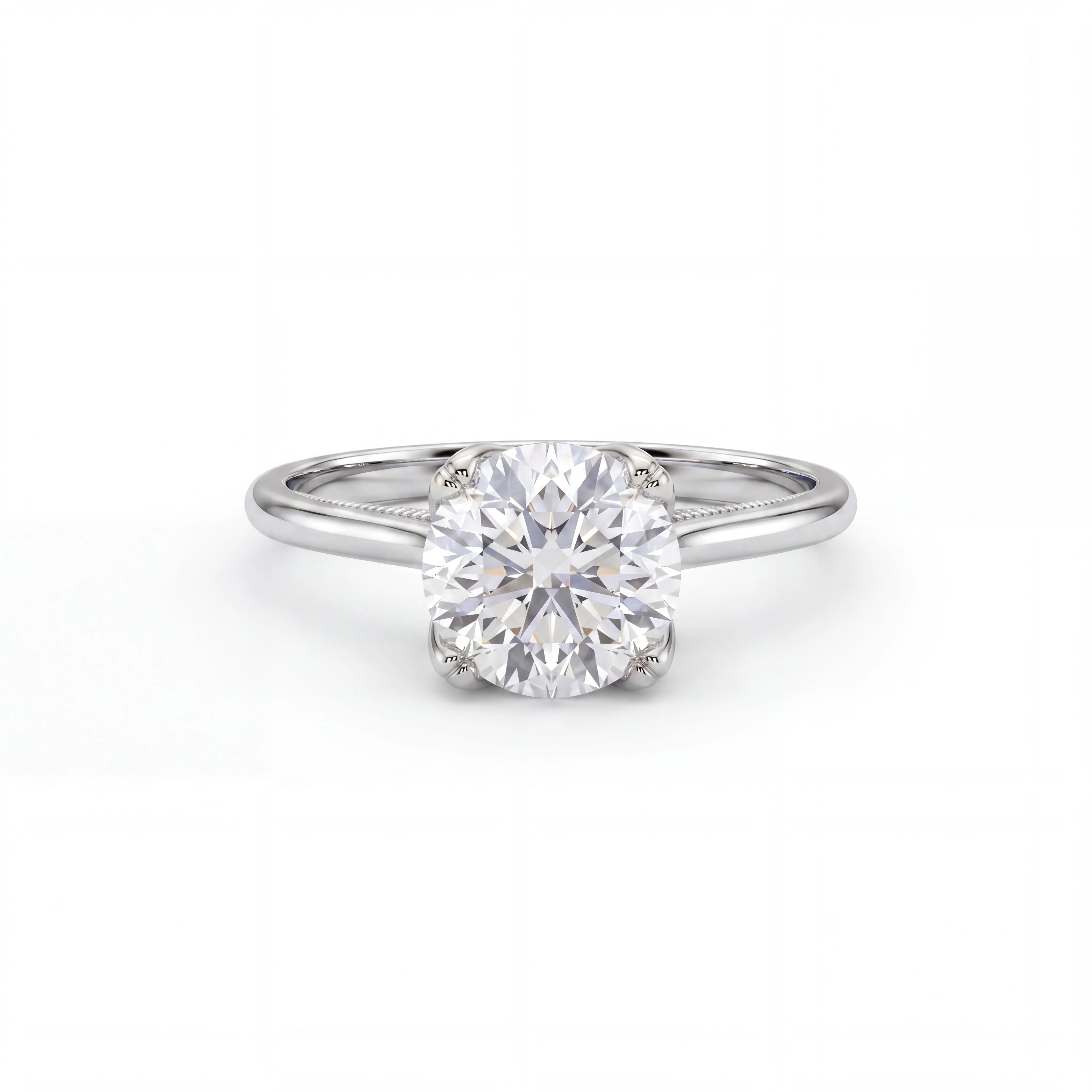 Lotus prong milgrain Lab-Grown Diamond engagement ring in 14K rose gold, front view — Black Pearl of Queens