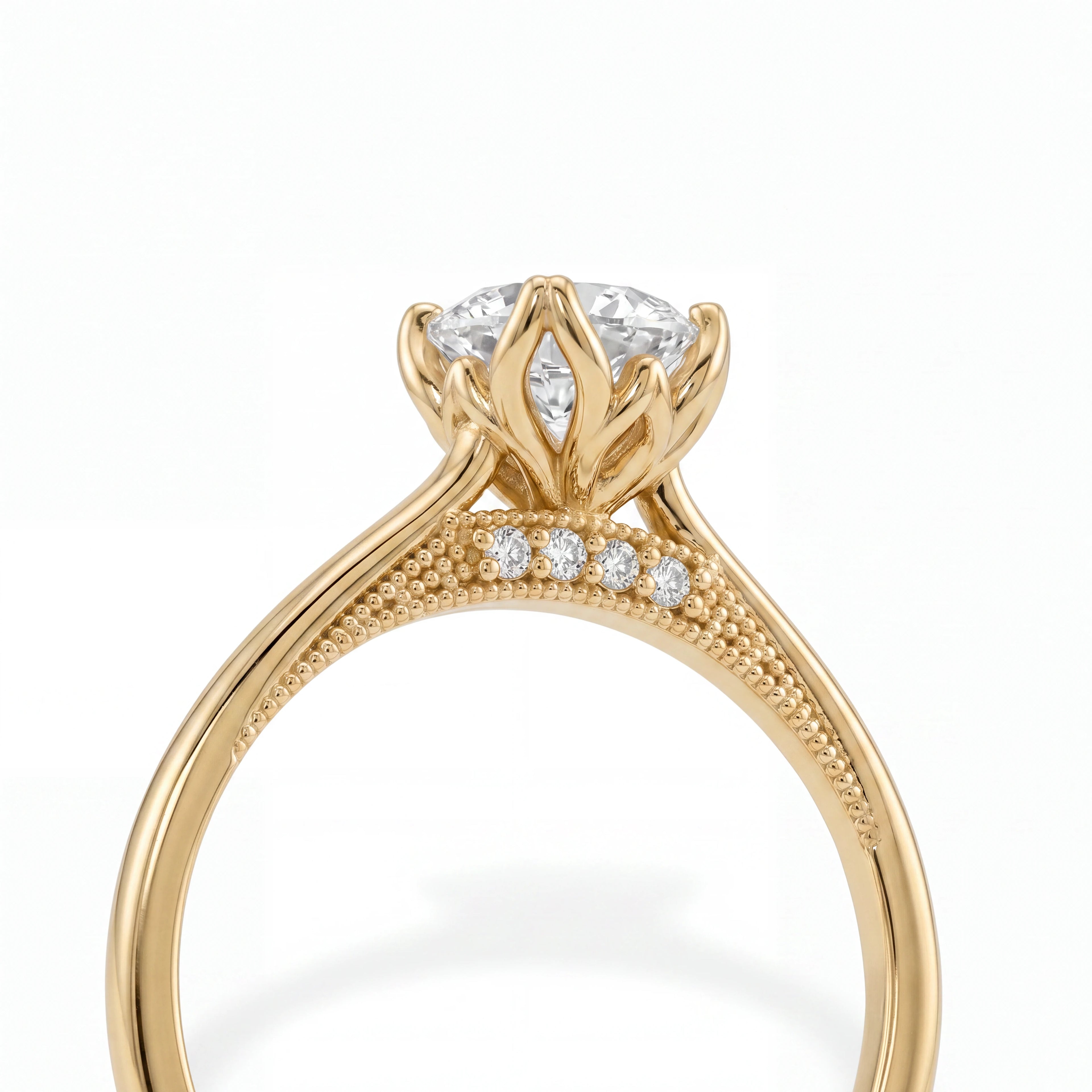 Lotus prong milgrain Lab-Grown Diamond engagement ring in 14K yellow gold, angled view showing lotus petal prong basket — Black Pearl of Queens