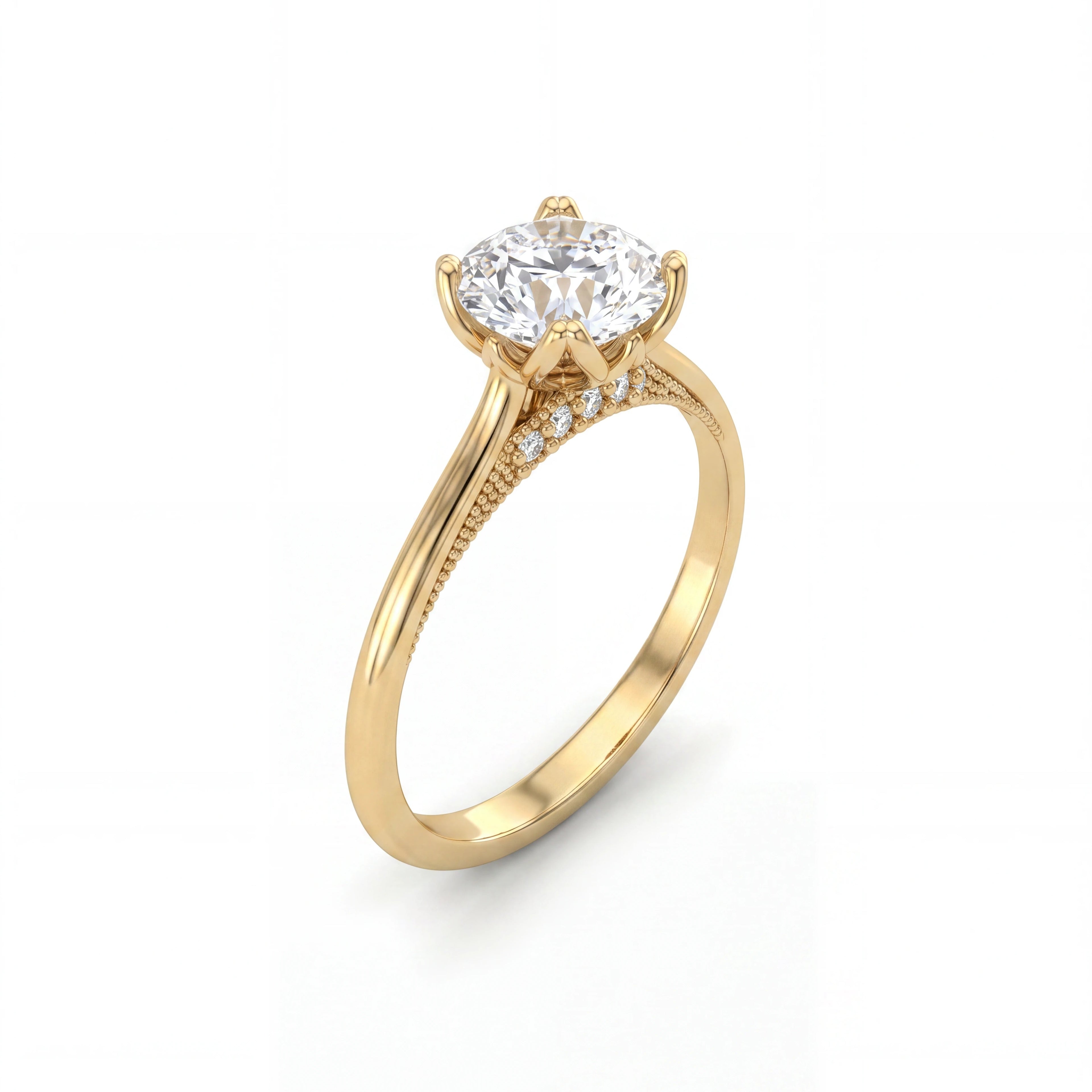 Lotus prong milgrain Lab-Grown Diamond engagement ring in 14K yellow gold, front view showing 1ct round brilliant center in petal prong basket — Black Pearl of Queens