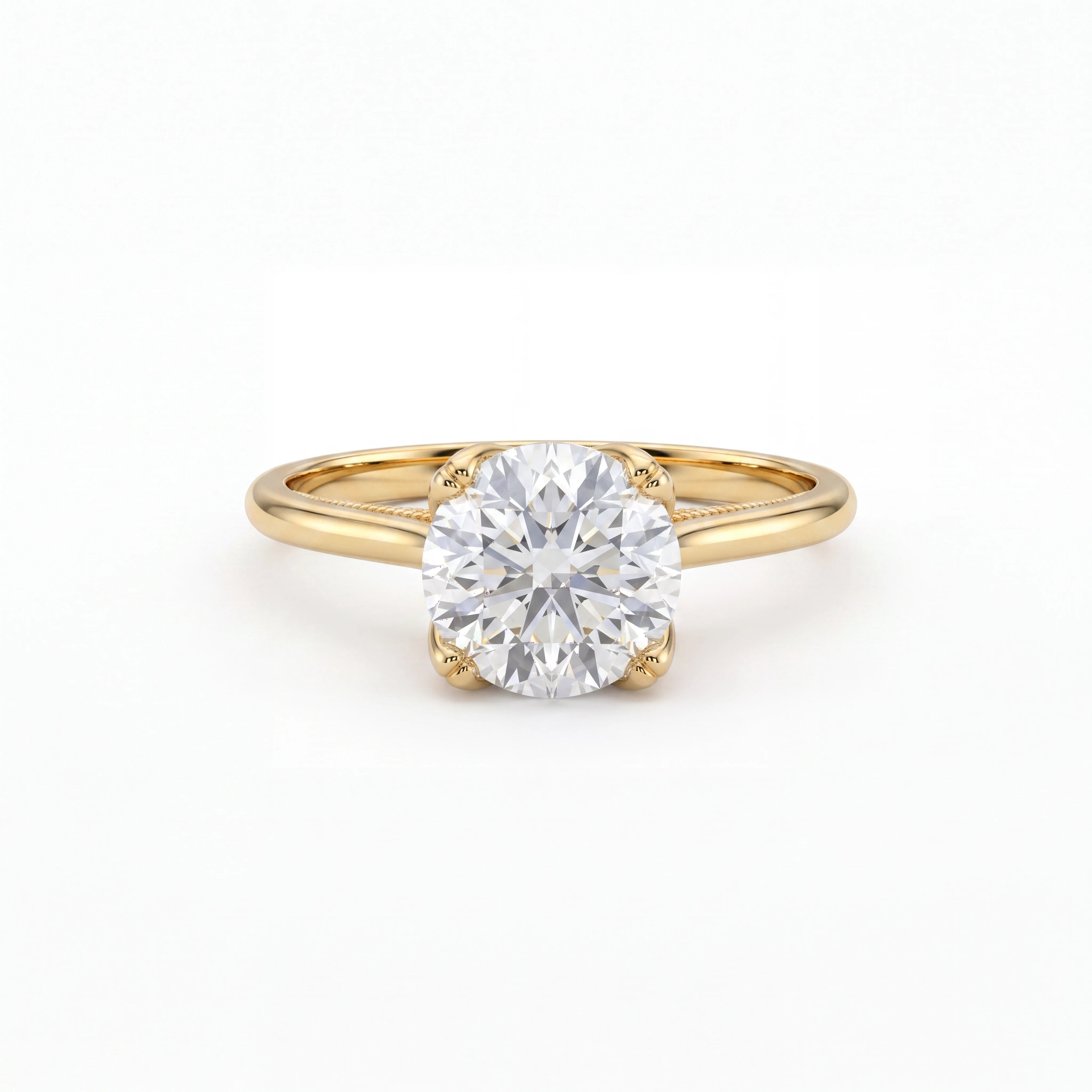 Lotus prong milgrain Lab-Grown Diamond engagement ring in 14K yellow gold, close-up of lotus basket showing gallery diamonds and milgrain edging — Black Pearl of Queens