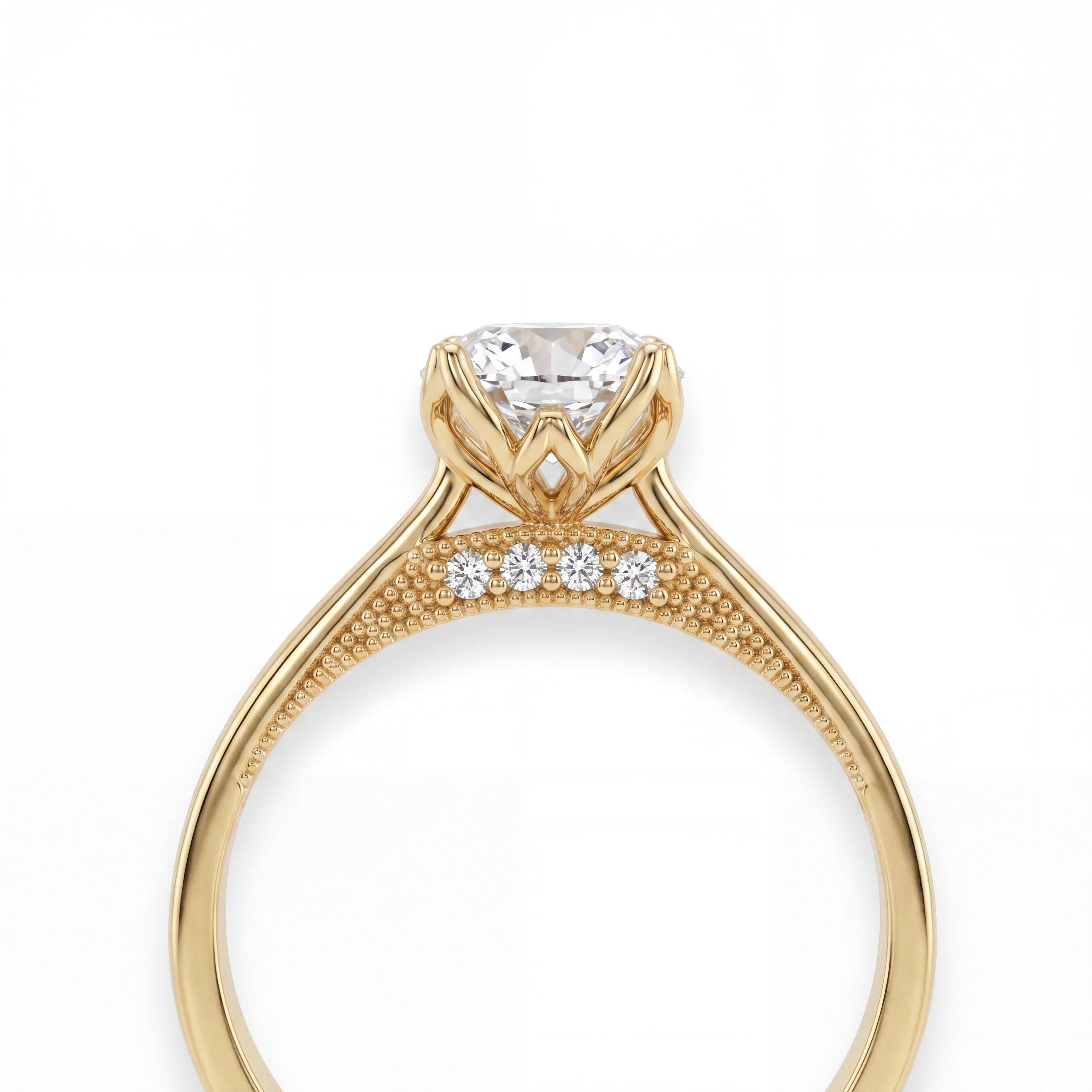 Lotus prong milgrain Lab-Grown Diamond engagement ring in 14K yellow gold, side profile showing gallery diamond accents and milgrain detail — Black Pearl of Queens