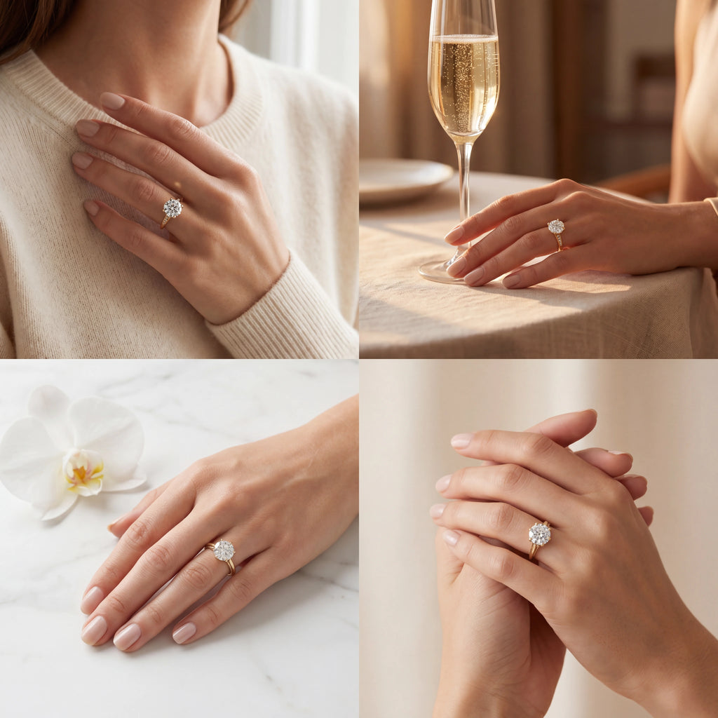 Lotus prong milgrain Lab-Grown Diamond engagement ring shown in four lifestyle settings — Black Pearl of Queens