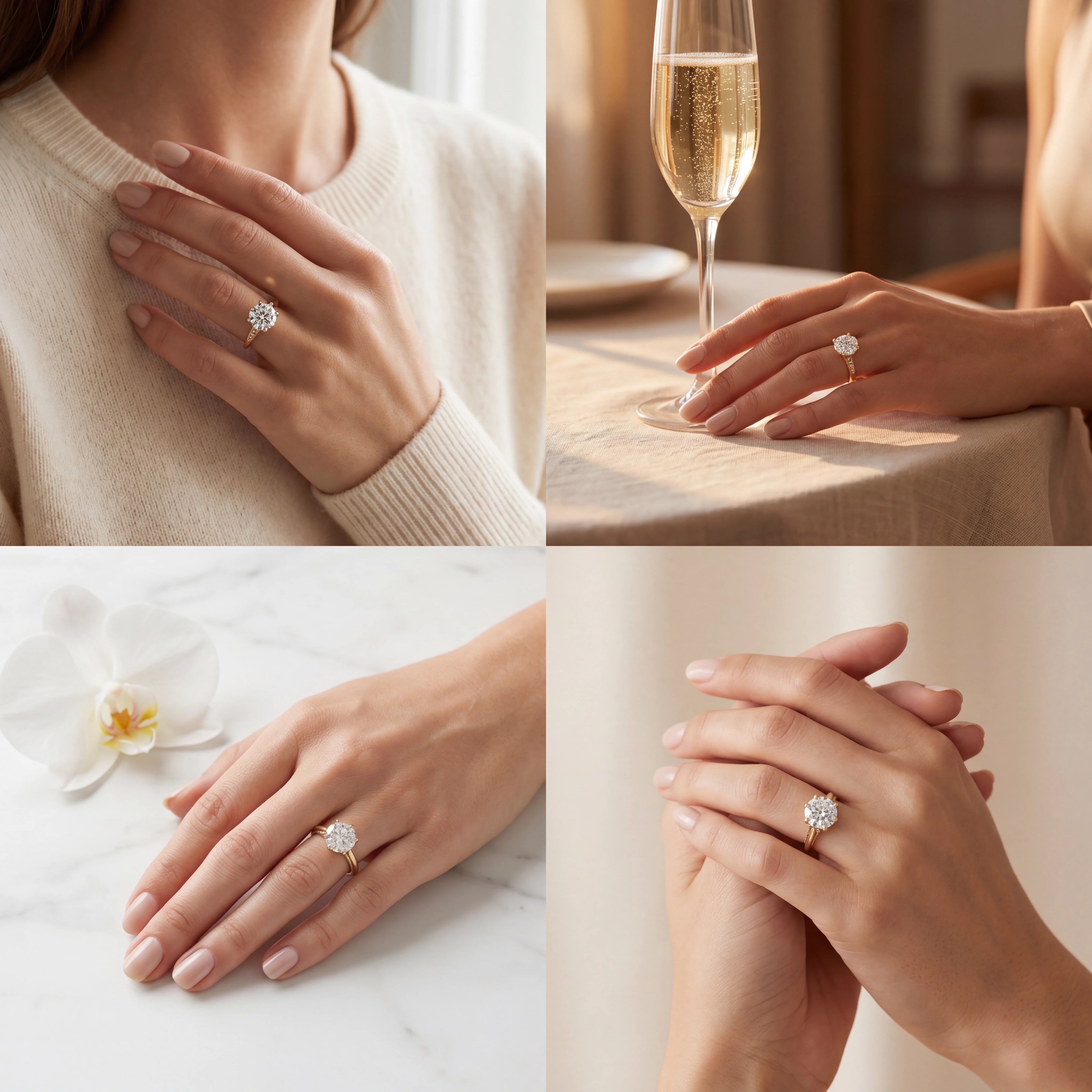 Lotus prong milgrain Lab-Grown Diamond engagement ring shown in four lifestyle settings — Black Pearl of Queens