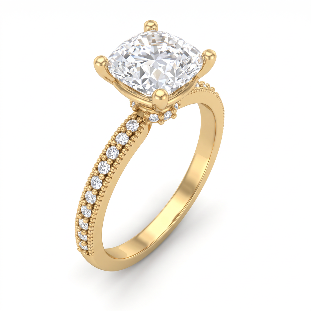 Alternate view 1: cushion cut Lab-Grown Diamond milgrain pavé engagement ring, 14K yellow gold low dome band