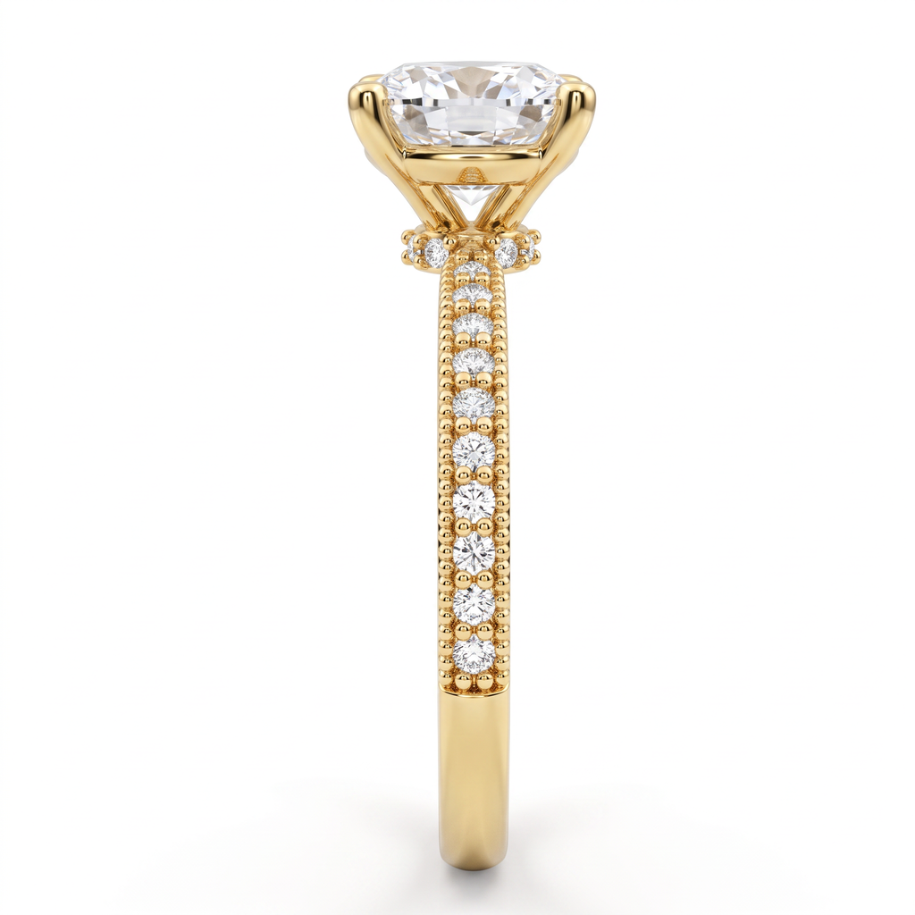 Alternate view 2: cushion cut Lab-Grown Diamond milgrain pavé engagement ring, 14K yellow gold low dome band