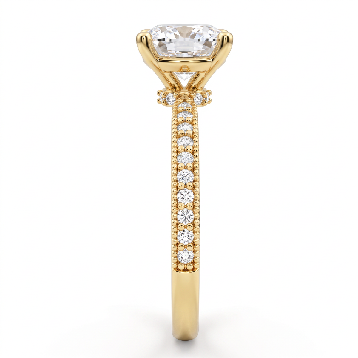 Alternate view 2: cushion cut Lab-Grown Diamond milgrain pavé engagement ring, 14K yellow gold low dome band
