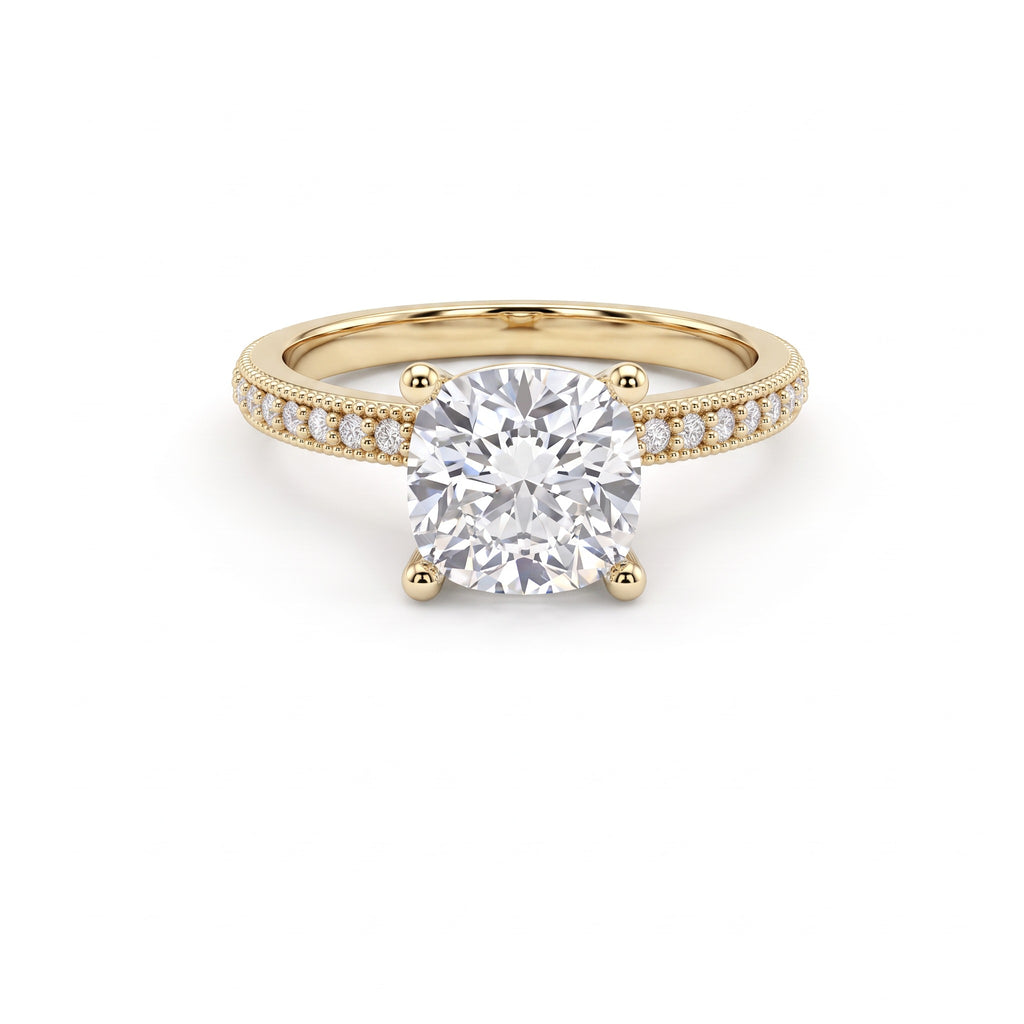 Low Dome Cushion Cut Milgrain Pavé Engagement Ring with a cushion cut Lab-Grown Diamond in 14K yellow gold