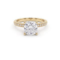 Low Dome Cushion Cut Milgrain Pavé Engagement Ring with a cushion cut Lab-Grown Diamond in 14K yellow gold