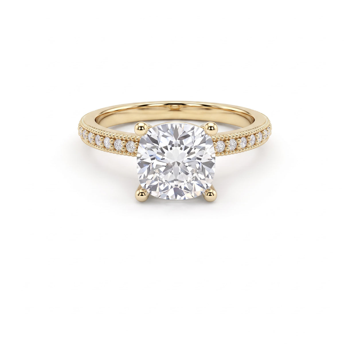 Low Dome Cushion Cut Milgrain Pavé Engagement Ring with a cushion cut Lab-Grown Diamond in 14K yellow gold