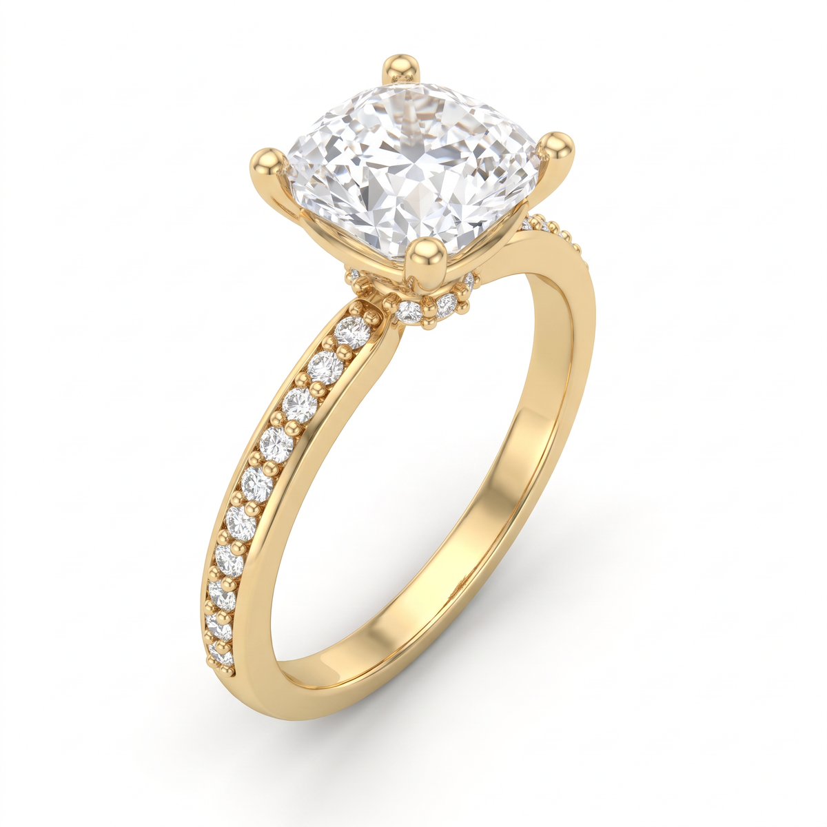 Alternate view 1: cushion cut Lab-Grown Diamond pavé engagement ring, 14K yellow gold low dome band
