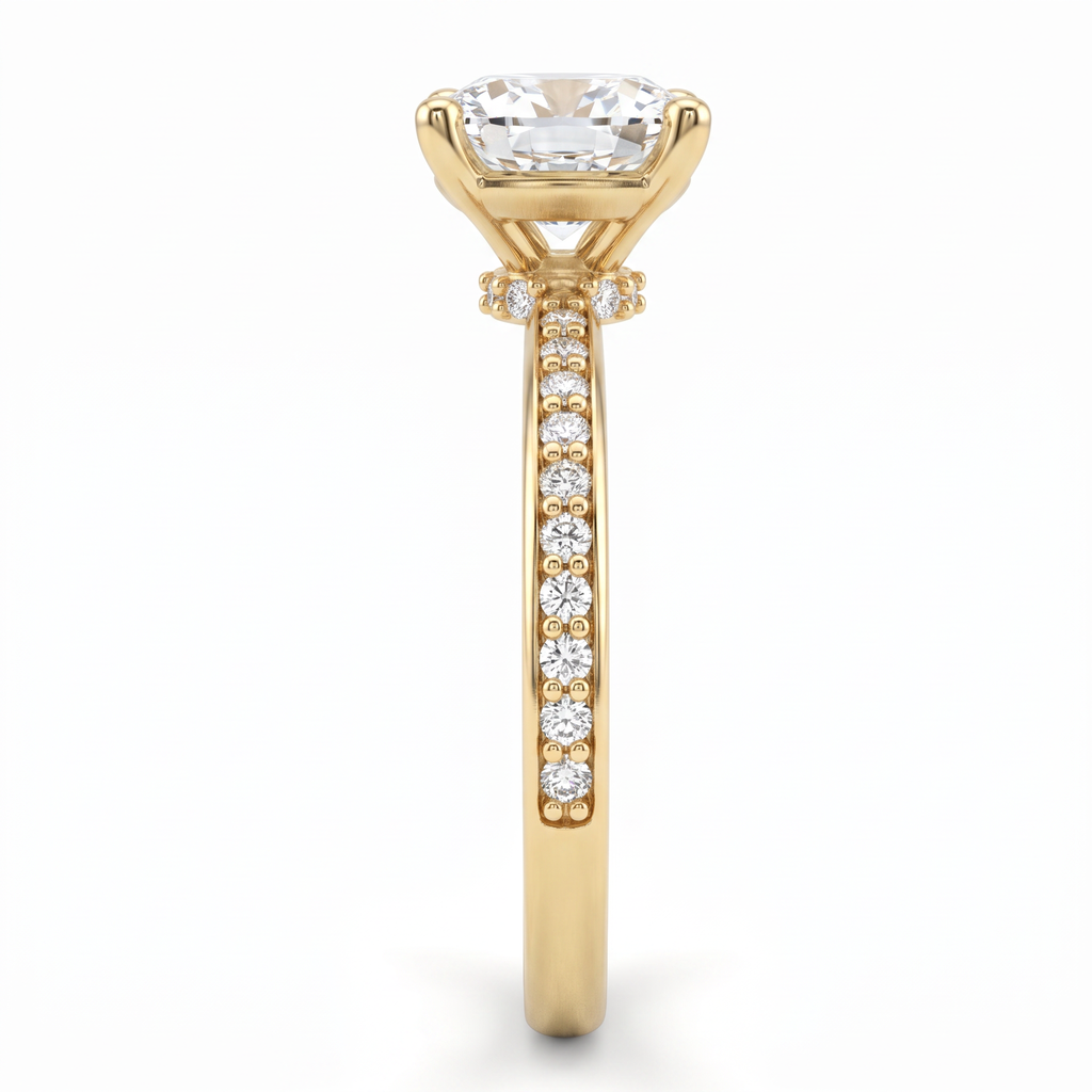 Alternate view 2: cushion cut Lab-Grown Diamond pavé engagement ring, 14K yellow gold low dome band