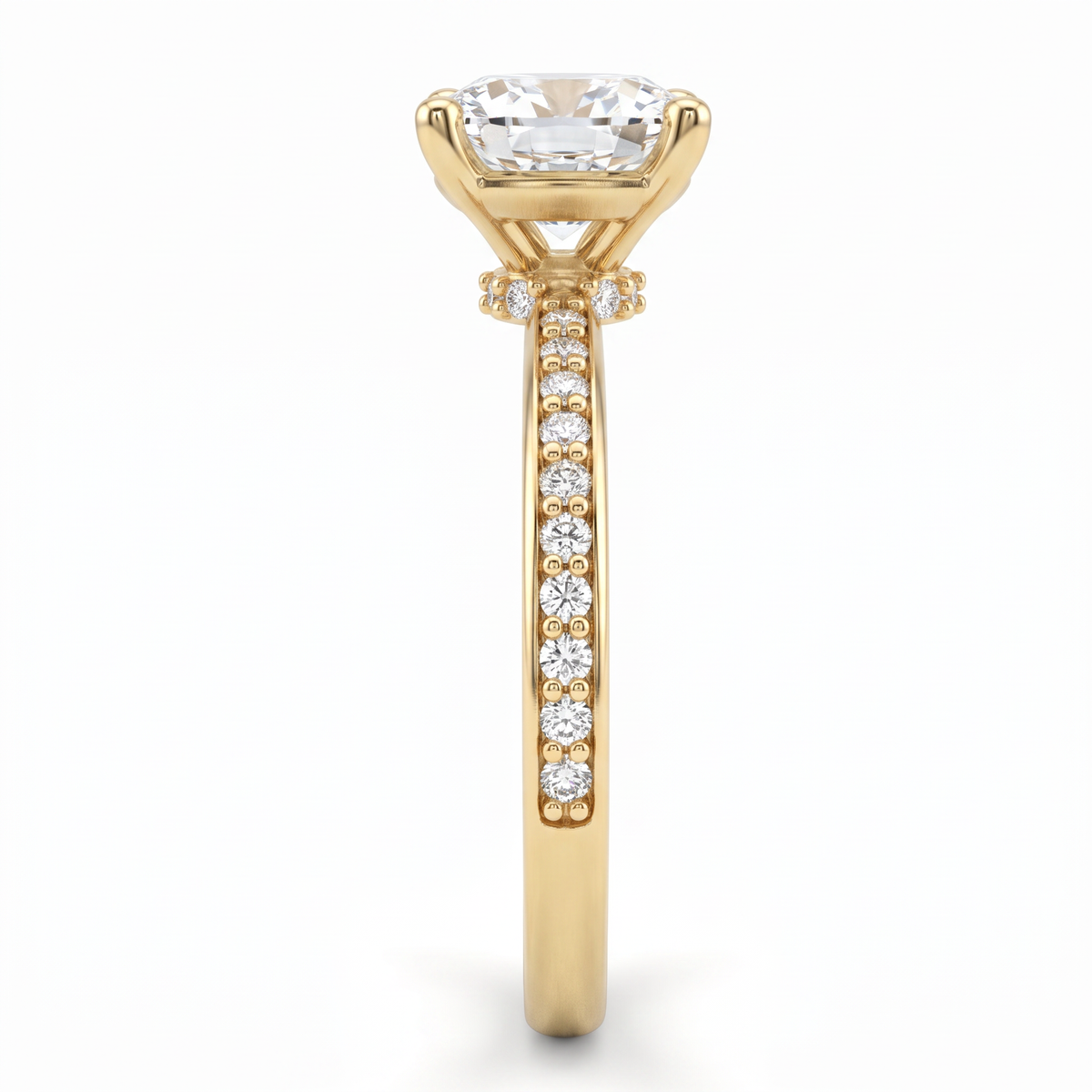 Alternate view 2: cushion cut Lab-Grown Diamond pavé engagement ring, 14K yellow gold low dome band