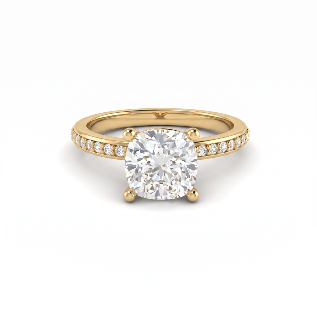 Low Dome Cushion Cut Pavé Engagement Ring with a cushion cut Lab-Grown Diamond in 14K yellow gold