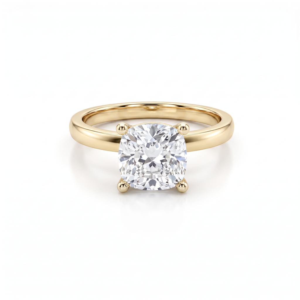 Low Dome Cushion Cut Solitaire Engagement Ring with a cushion cut Lab-Grown Diamond in 14K yellow gold