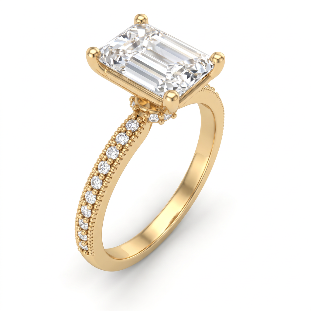 Alternate view 1: emerald cut Lab-Grown Diamond milgrain pavé engagement ring, 14K yellow gold low dome band