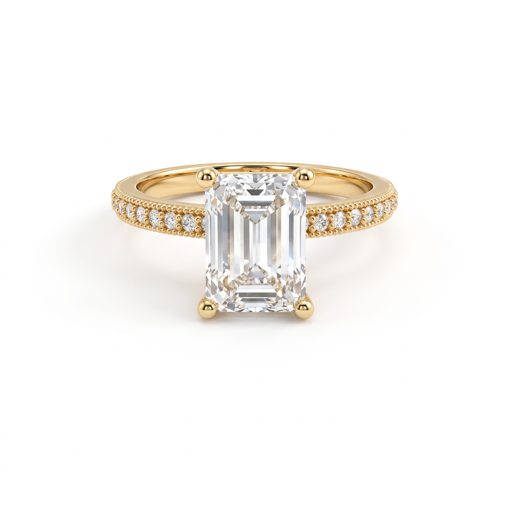 Low Dome Emerald Cut Milgrain Pavé Engagement Ring with an emerald cut Lab-Grown Diamond in 14K yellow gold