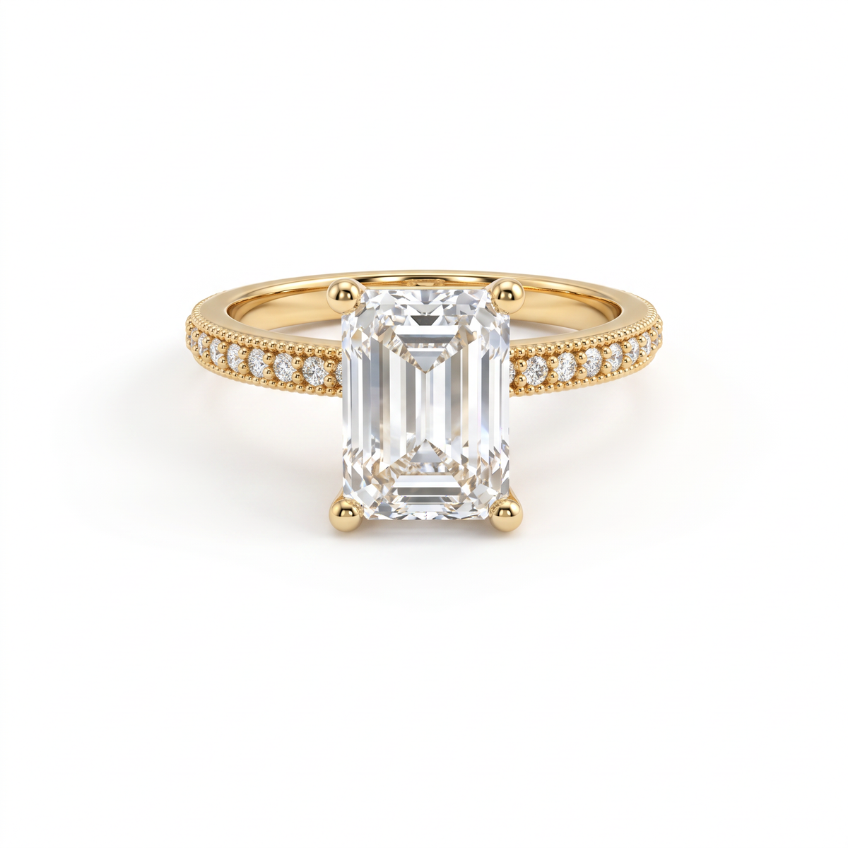 Low Dome Emerald Cut Milgrain Pavé Engagement Ring with an emerald cut Lab-Grown Diamond in 14K yellow gold