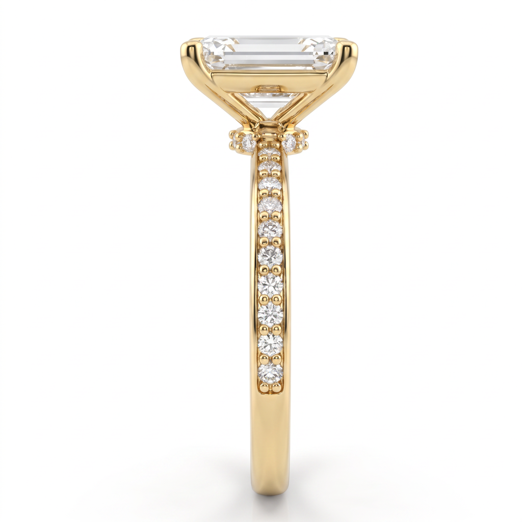 Alternate view 2: emerald cut Lab-Grown Diamond pavé engagement ring, 14K yellow gold low dome band