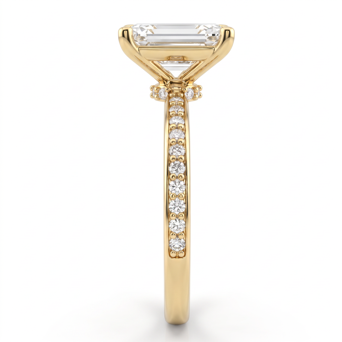 Alternate view 2: emerald cut Lab-Grown Diamond pavé engagement ring, 14K yellow gold low dome band