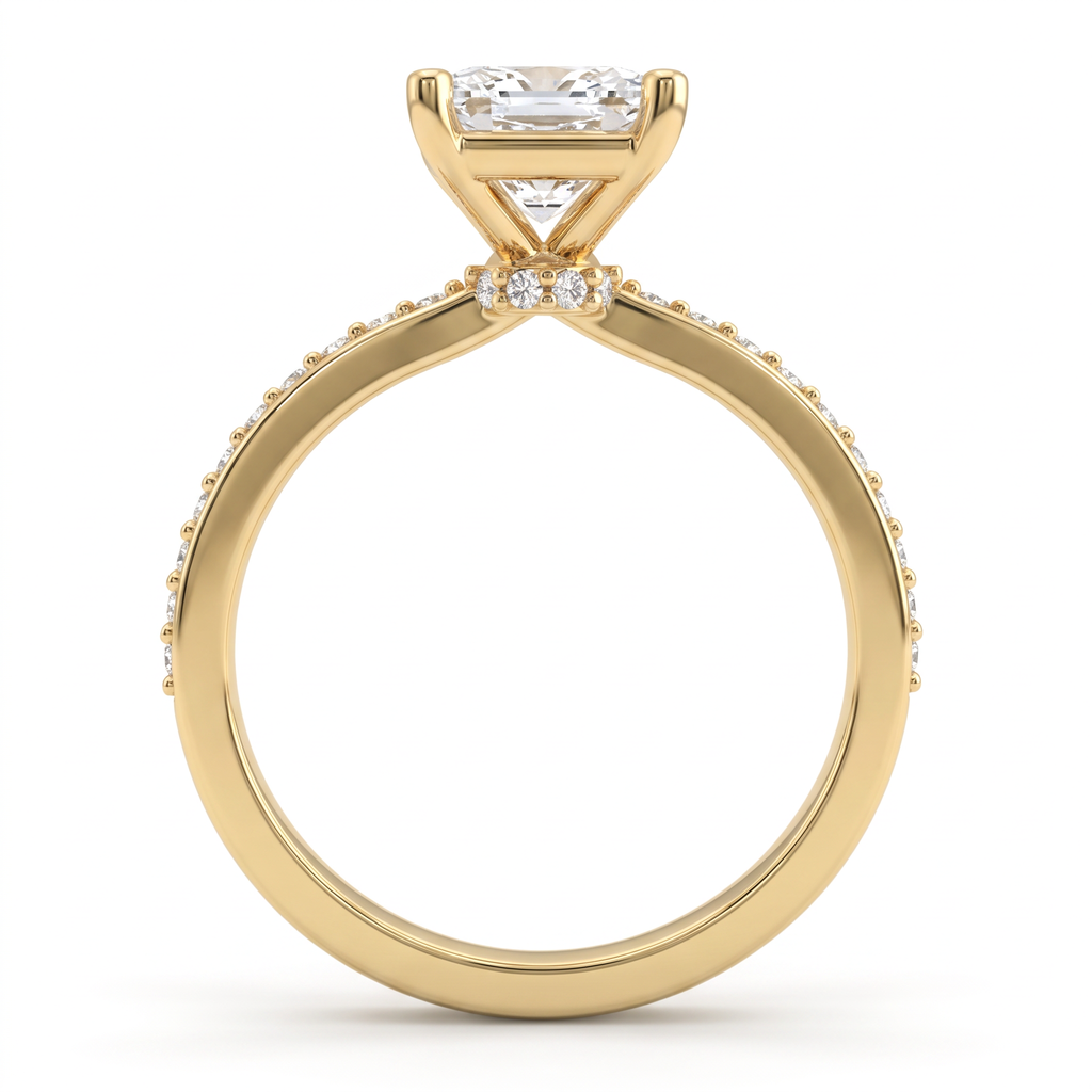 Alternate view 3: emerald cut Lab-Grown Diamond pavé engagement ring, 14K yellow gold low dome band
