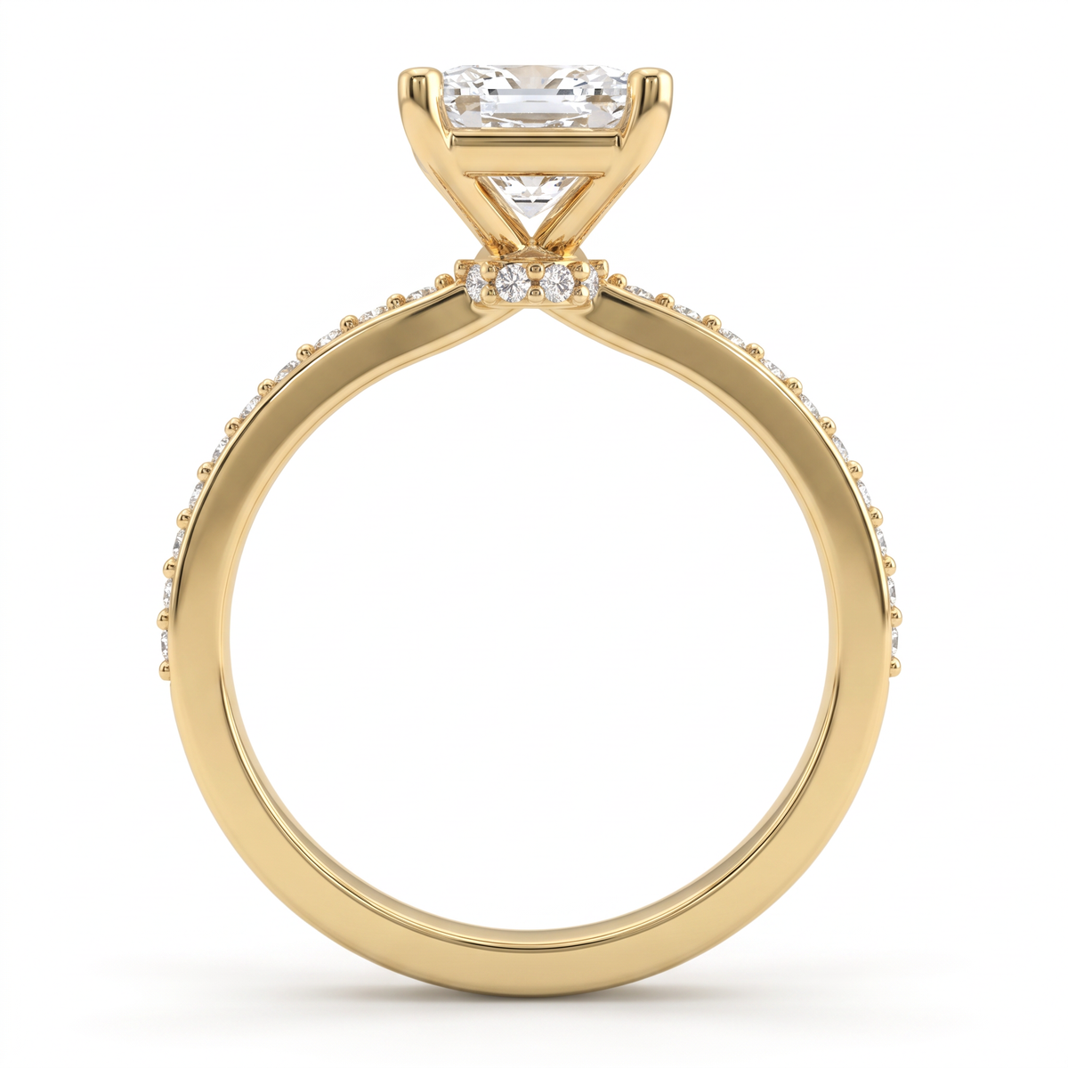 Alternate view 3: emerald cut Lab-Grown Diamond pavé engagement ring, 14K yellow gold low dome band