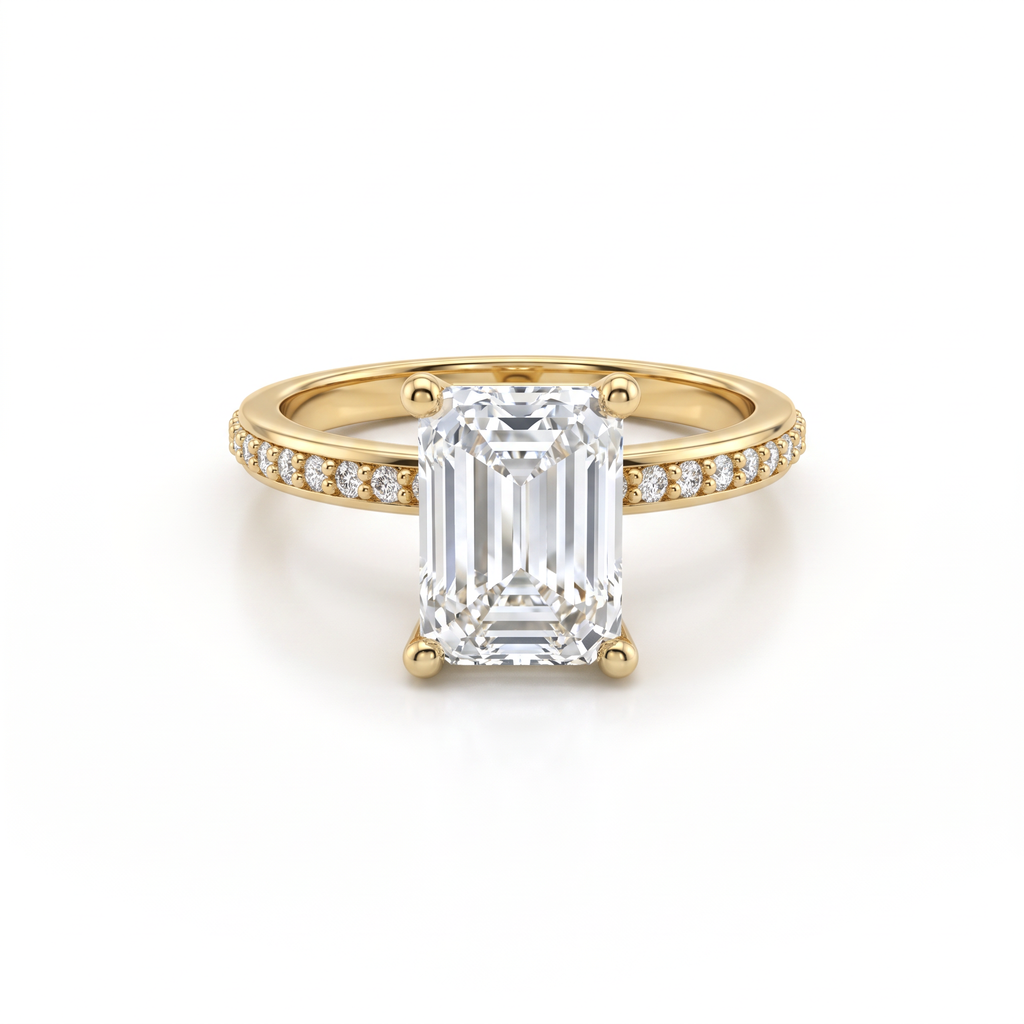Low Dome Emerald Cut Pavé Engagement Ring with an emerald cut Lab-Grown Diamond in 14K yellow gold
