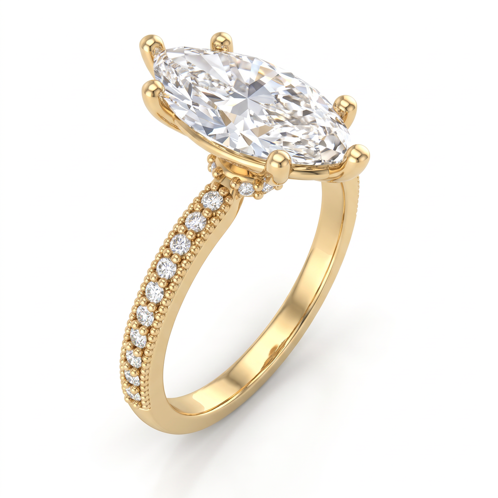 Alternate view 1: marquise Lab-Grown Diamond milgrain pavé engagement ring, 14K yellow gold low dome band