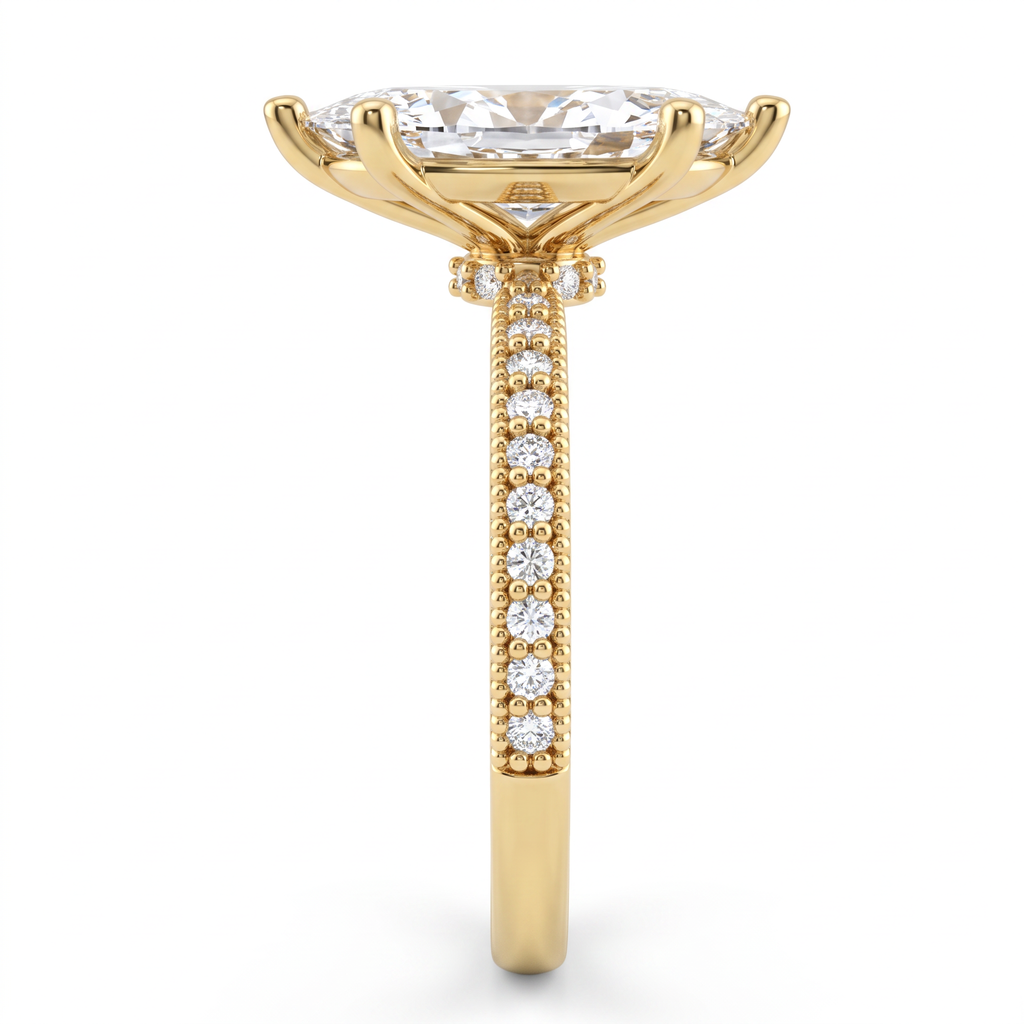 Alternate view 2: marquise Lab-Grown Diamond milgrain pavé engagement ring, 14K yellow gold low dome band