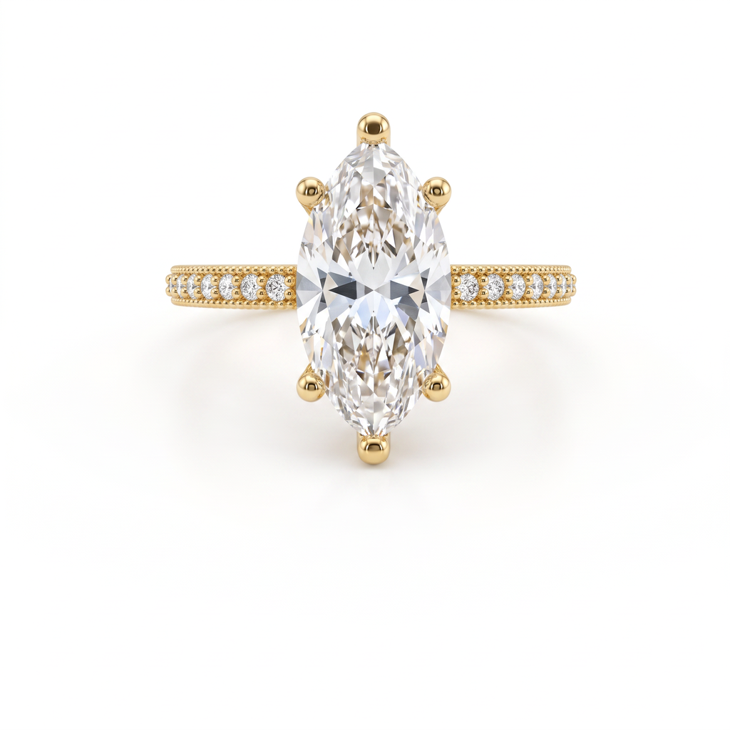 Low Dome Marquise Milgrain Pavé Engagement Ring with a marquise Lab-Grown Diamond in 14K yellow gold