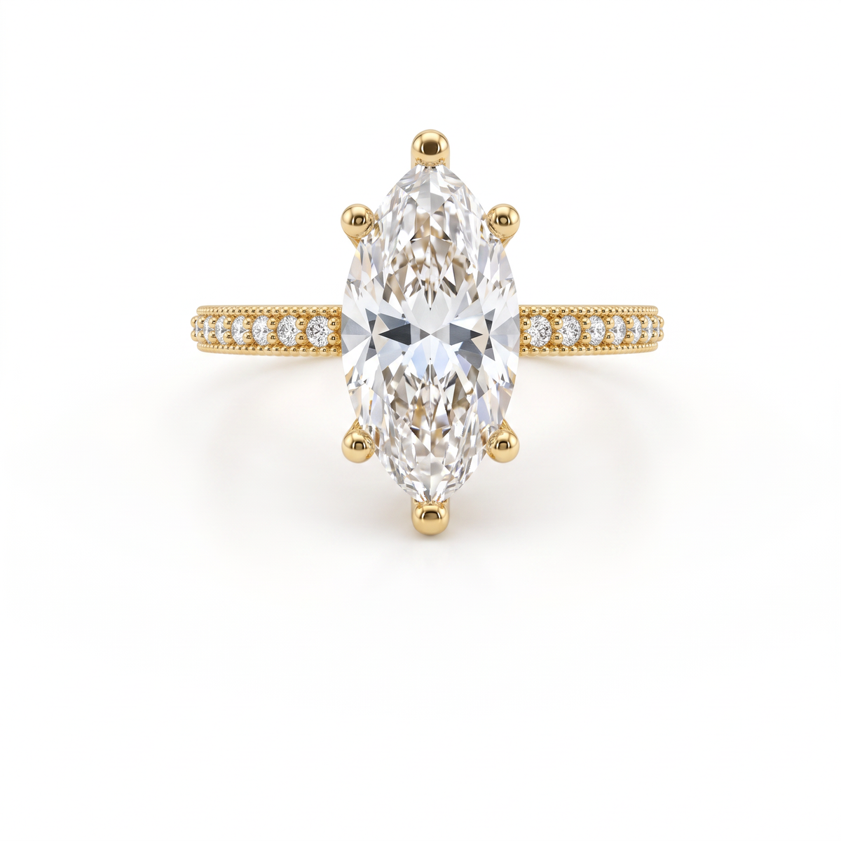 Low Dome Marquise Milgrain Pavé Engagement Ring with a marquise Lab-Grown Diamond in 14K yellow gold