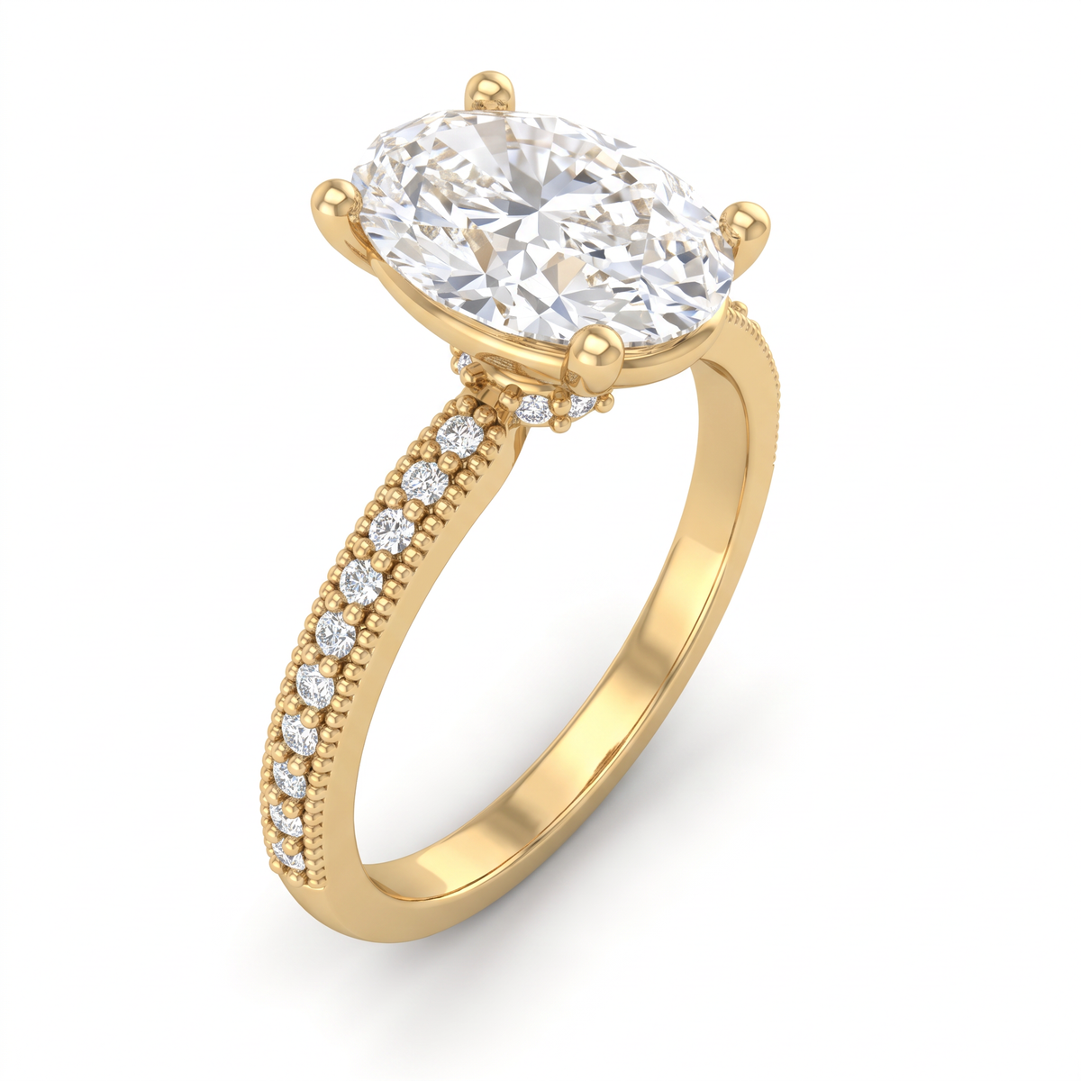Alternate view 2: oval Lab-Grown Diamond milgrain pavé engagement ring, 14K yellow gold low dome band