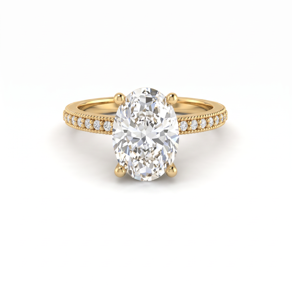 Low Dome Oval Milgrain Pavé Engagement Ring with an oval Lab-Grown Diamond in 14K yellow gold