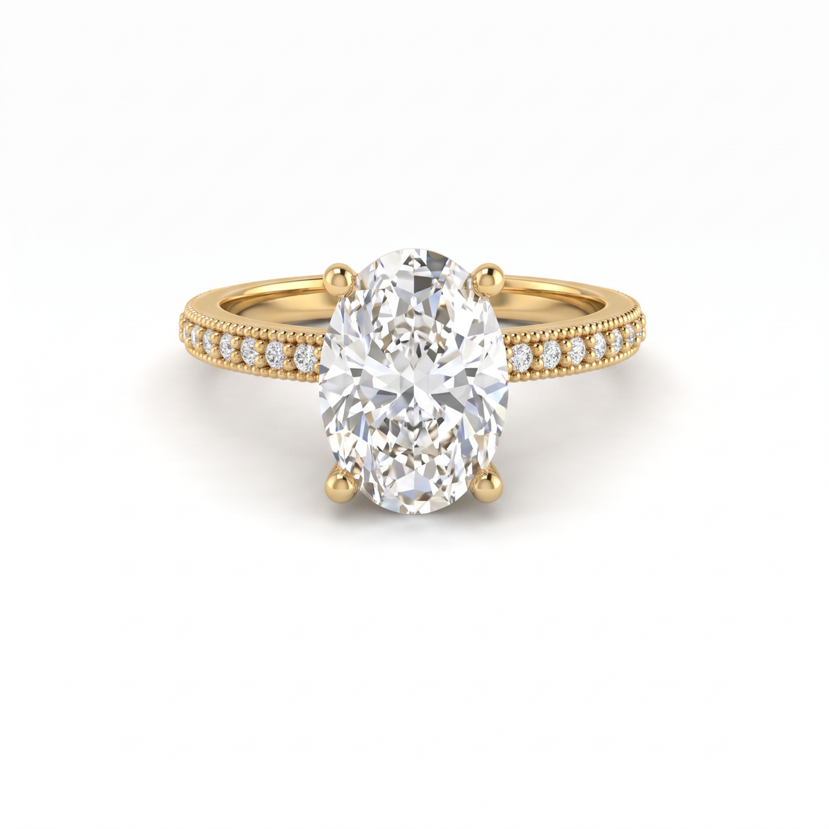 Low Dome Oval Milgrain Pavé Engagement Ring with an oval Lab-Grown Diamond in 14K yellow gold