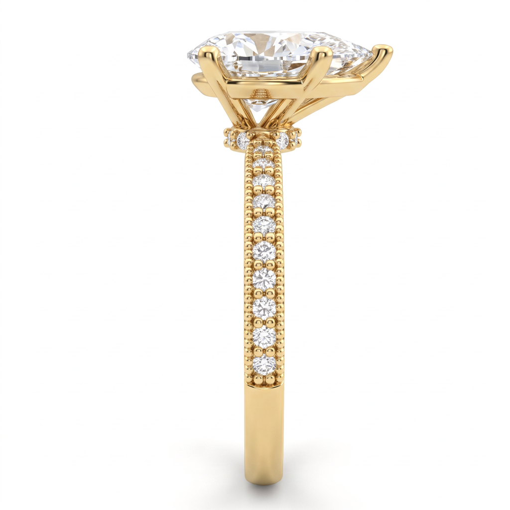 Alternate view 2: pear-shaped Lab-Grown Diamond milgrain pavé engagement ring, 14K yellow gold low dome band