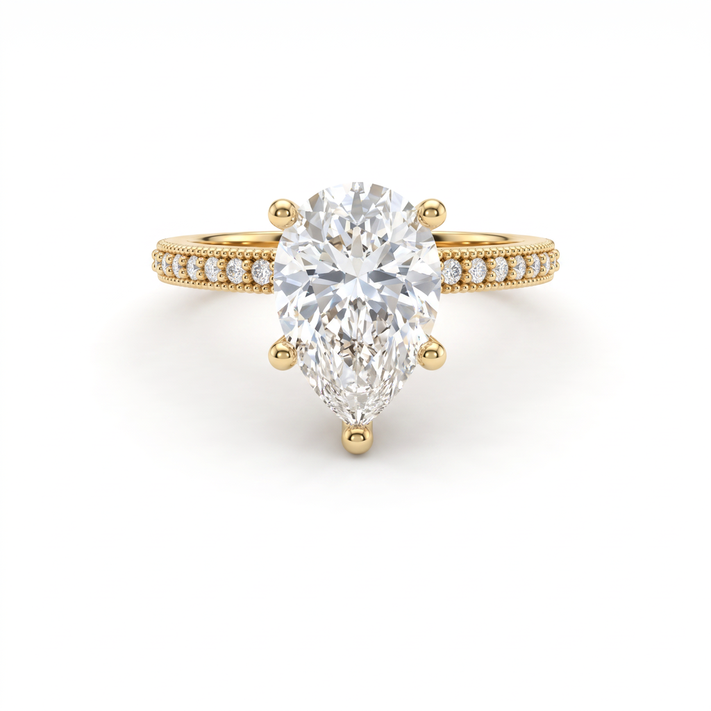 Low Dome Pear Milgrain Pavé Engagement Ring with a pear-shaped Lab-Grown Diamond in 14K yellow gold