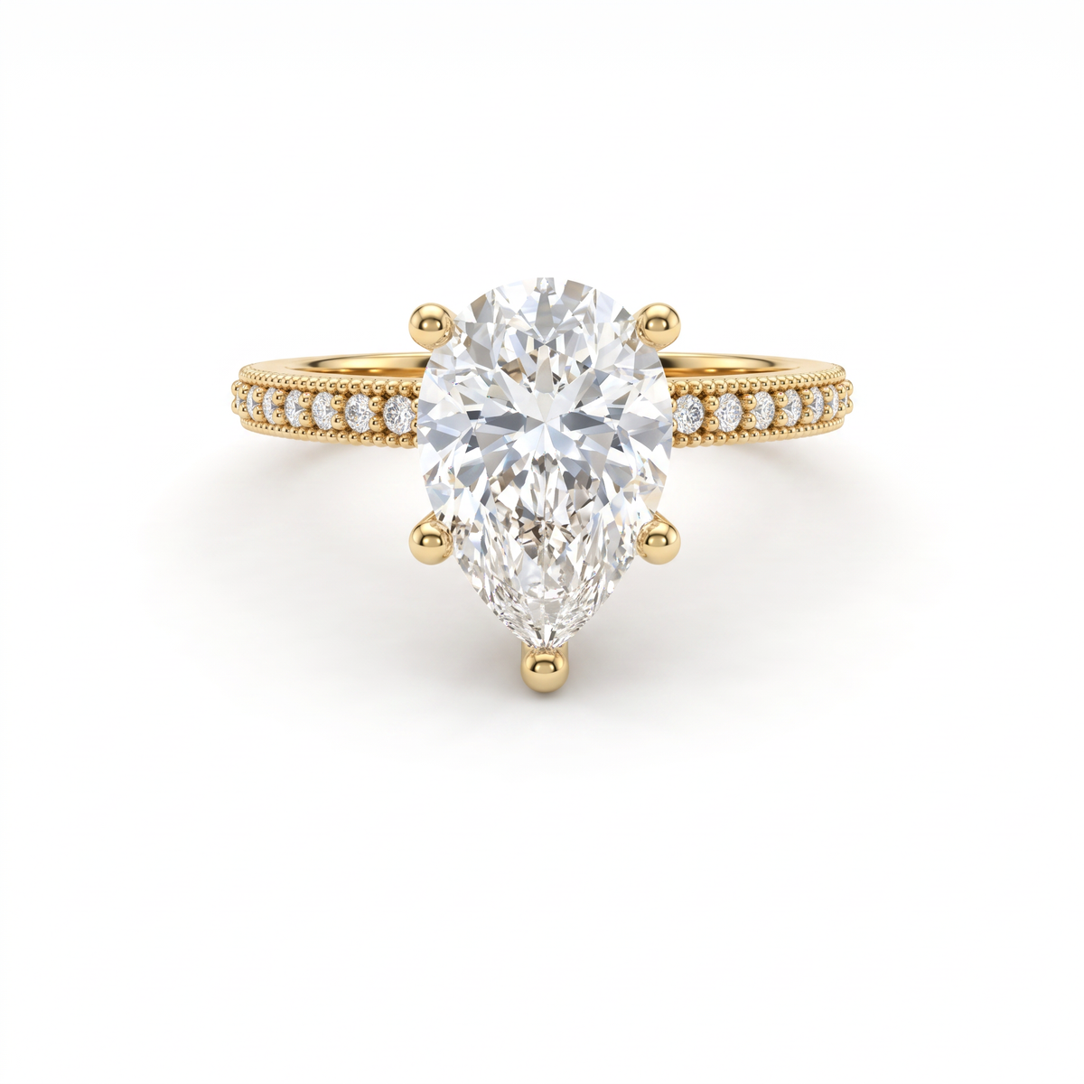 Low Dome Pear Milgrain Pavé Engagement Ring with a pear-shaped Lab-Grown Diamond in 14K yellow gold