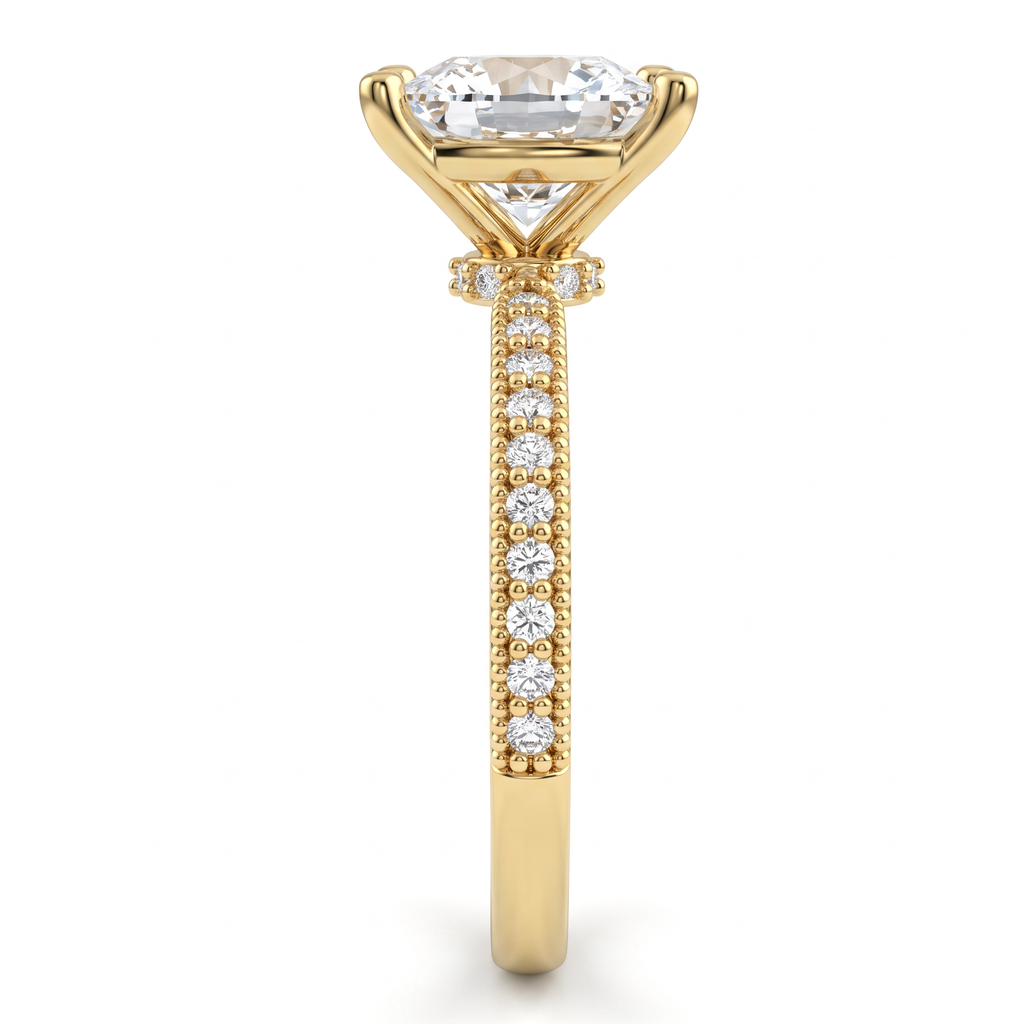 Princess cut Lab-Grown Diamond milgrain pavé engagement ring in 14K white gold, 2mm pavé band with milgrain edges