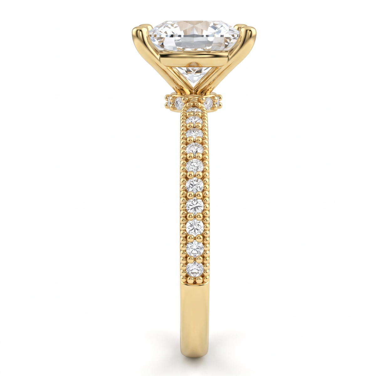 Princess cut Lab-Grown Diamond milgrain pavé engagement ring in 14K white gold, 2mm pavé band with milgrain edges